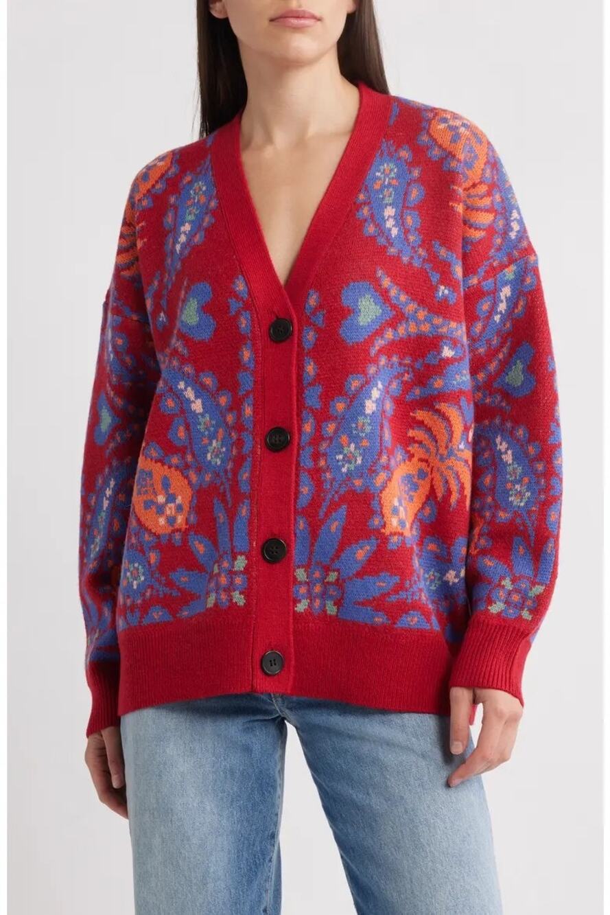 FARM Rio Luang Paisley Cardigan Sweater Size L Red Blue Boho Fall Cozy Knit